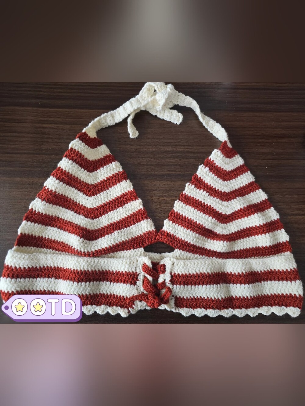 Handmade Crocheted Halter Top in Cream and Rust Stripe - Picture 2 of 2